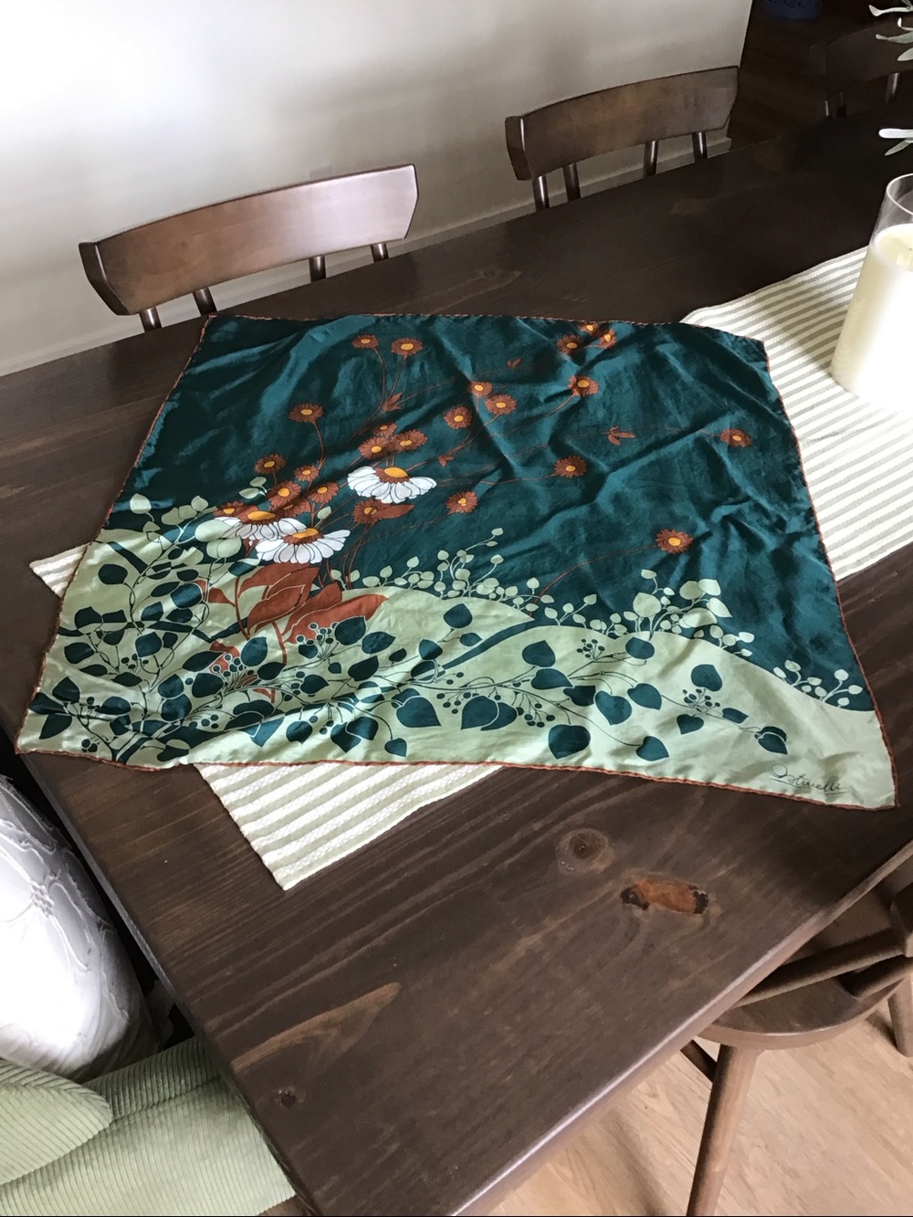 Vintage Ostinelli Italian silk scarf features a "mod" botanical print